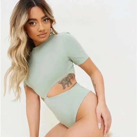 Petite Sage Green Cotton Cut Out Bodysuit - Picture 2 of 12